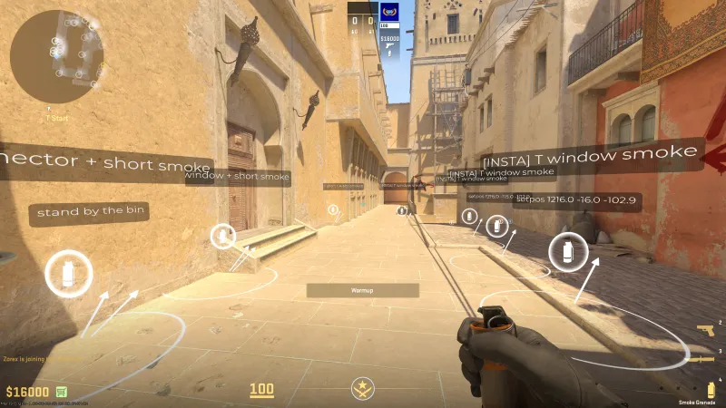 CS2 in-game map guide showing multiple smoke lineup positions on Mirage with connector and window smokes