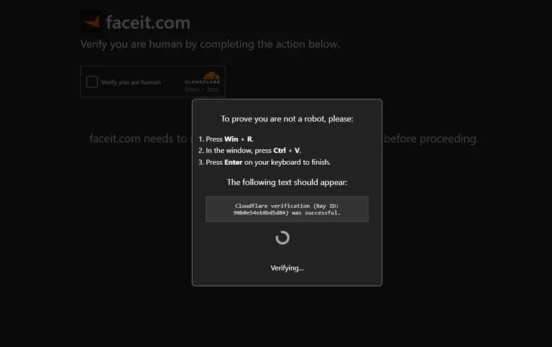 Fake Cloudflare verification popup asking users to press Win+R, Ctrl+V and Enter to run malicious code disguised as human verification