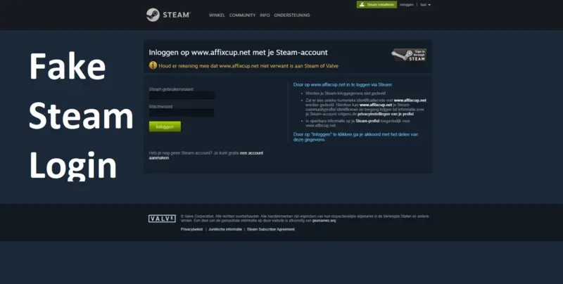 Fake Steam login popup embedded in phishing website - cannot be dragged outside browser