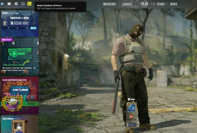 CS2 main menu showing Global Cooldown 20 Hours notification with VAC has flagged your gameplay as irregular message