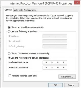 Windows Internet Protocol Version 4 TCP/IPv4 Properties with Google DNS servers 8.8.8.8 and 8.8.4.4 configured