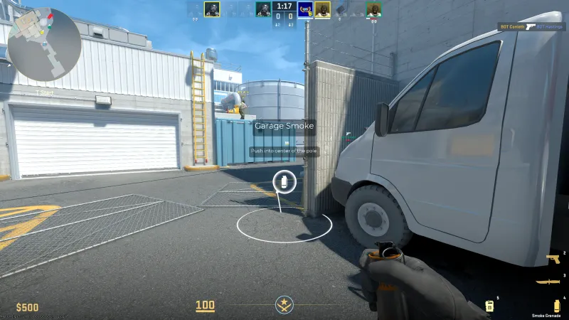 CS2 map guide showing Garage Smoke stand position on Nuke