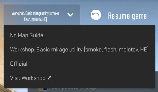 CS2 map guide selection menu showing Workshop guide, Official guide, and Visit Workshop options