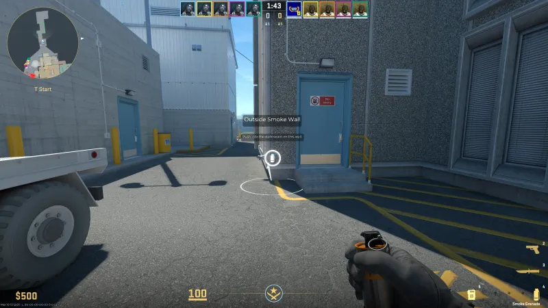 CS2 map guide showing Outside Smoke Wall stand position on Nuke with ground circle marker