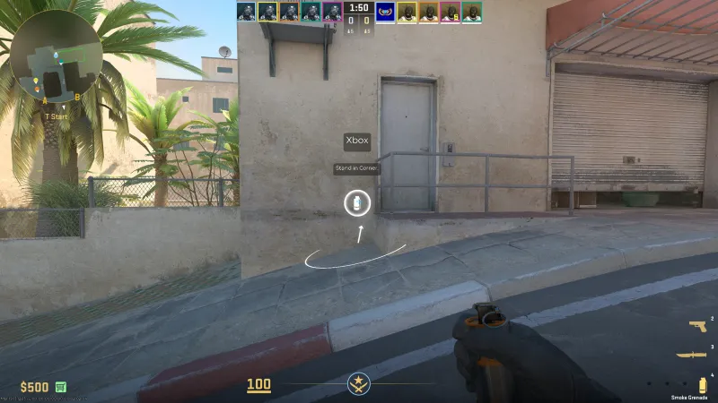 CS2 official map guide showing Xbox smoke stand position on Mirage