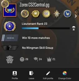 CS2 profile card showing Lieutenant Rank 23 with XP progress bar and service medals