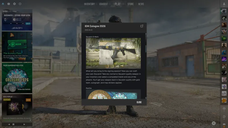 CS2 Souvenir-O-Matic crafting screen from the IEM Cologne 2026 Major Hub