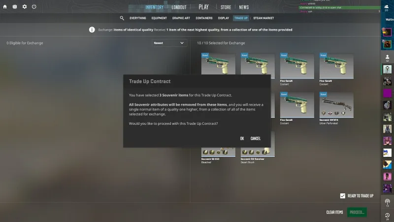 CS2 trade-up contract with 3 souvenir items selected showing the confirmation dialog