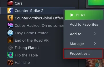 Steam Library showing right-click context menu on Counter-Strike 2 with Properties option highlighted