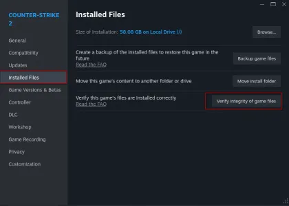 Steam CS2 Properties window showing Installed Files tab with Verify integrity of game files button highlighted