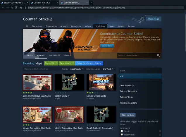 Steam Workshop page showing community-created CS2 map guides for competitive play