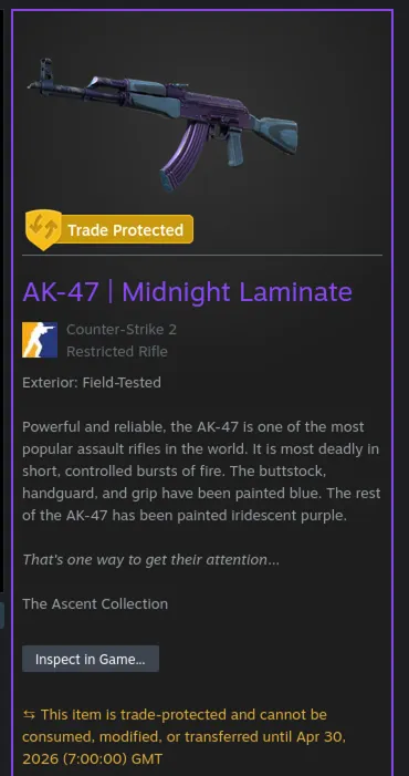 CS2 inventory showing AK-47 Midnight Laminate with purple Trade Protected shield badge indicating item cannot be transferred until April 30 2026