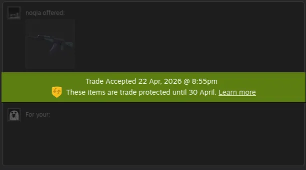 Steam trade history showing accepted trade with green Trade Protected notice indicating items are protected until April 30
