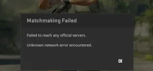 CS2 Matchmaking Failed dialog showing Unknown network error encountered variant of the connection error