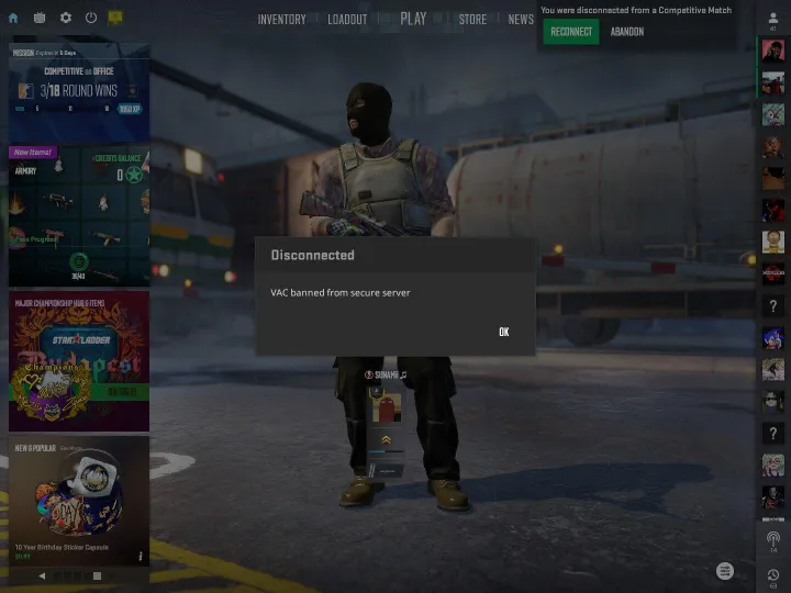 CS2 Disconnected popup showing VAC banned from secure server with Reconnect and Abandon buttons