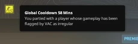 CS2 Global Cooldown 58 Mins notification showing you partied with a player whose gameplay has been flagged by VAC as irregular
