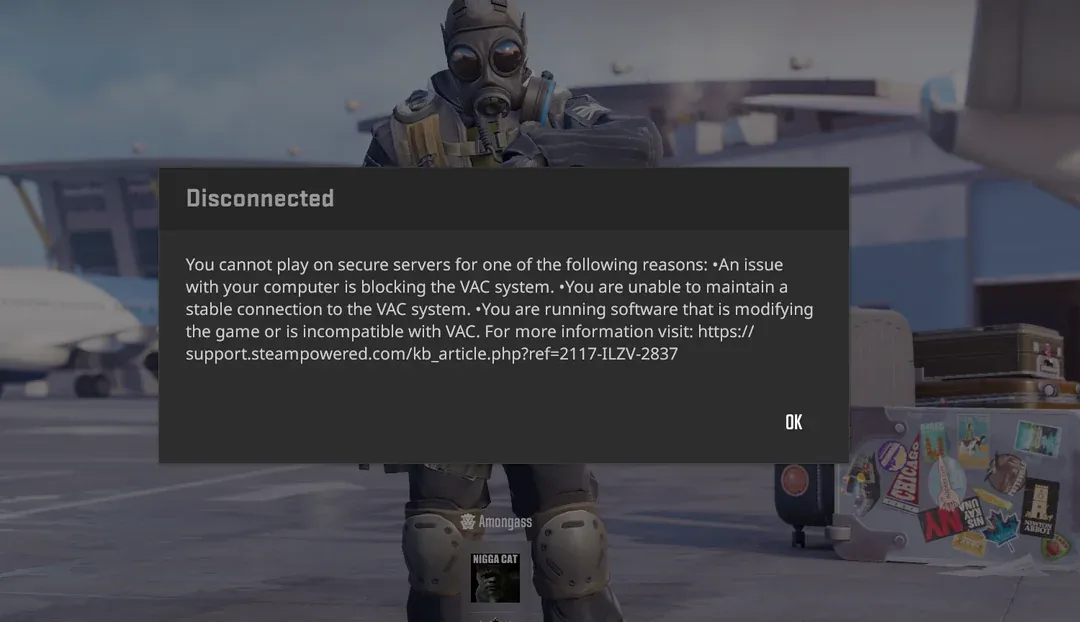CS2 VAC disconnect error when unable to verify game files
