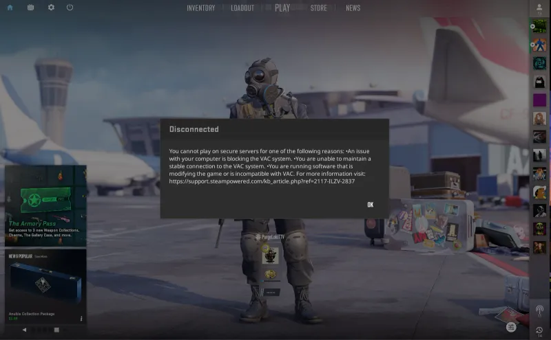 CS2 Disconnected popup showing you cannot play on secure servers with VAC system blocking reasons