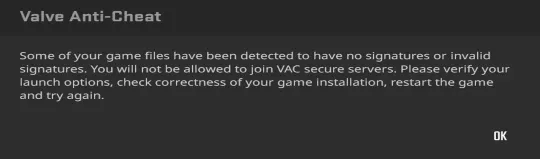 CS2 Valve Anti-Cheat error popup showing no signatures or invalid signatures detected on game files