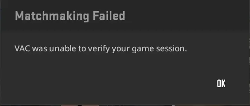 CS2 Matchmaking Failed popup showing VAC was unable to verify your game session error