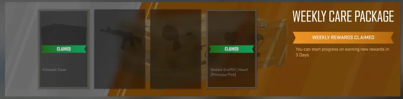 CS2 weekly care package selection screen showing 4 items with 2 claimed
