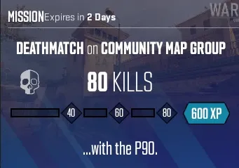 CS2 weekly mission requiring 80 Deathmatch kills with P90 for 600 XP