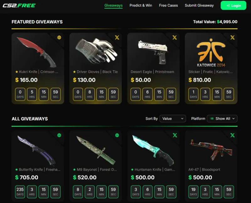 CS2.free giveaway aggregator page showing featured community CS2 skin giveaways