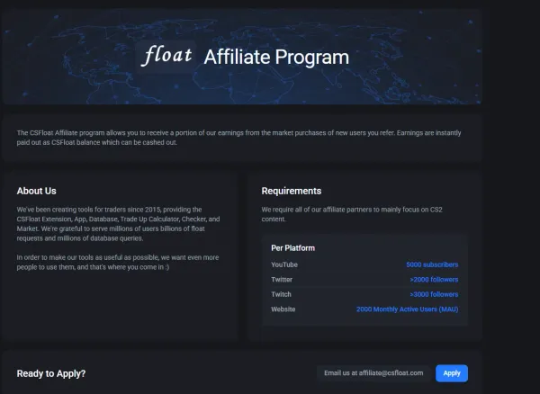 CSFloat affiliate program page listing the requirements of 5000 YouTube subscribers, 2000 Twitter followers, 3000 Twitch followers and a website with 2000 monthly active users