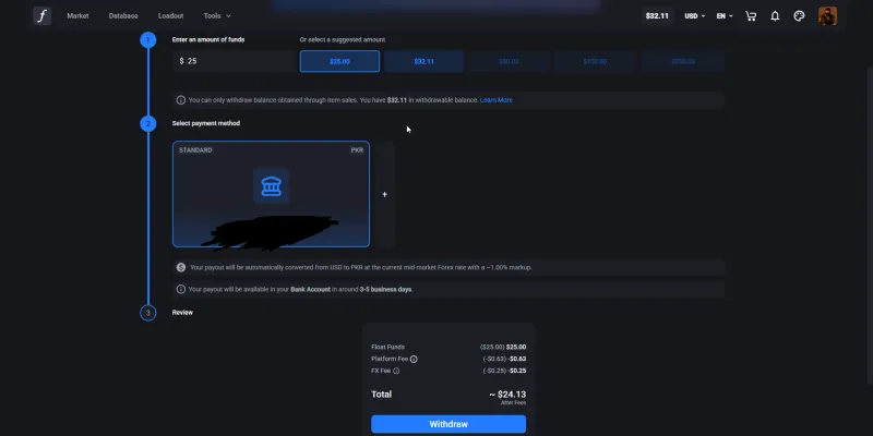 CSFloat bank withdrawal screen showing the platform fee, FX fee, and a 3 to 5 business day payout estimate