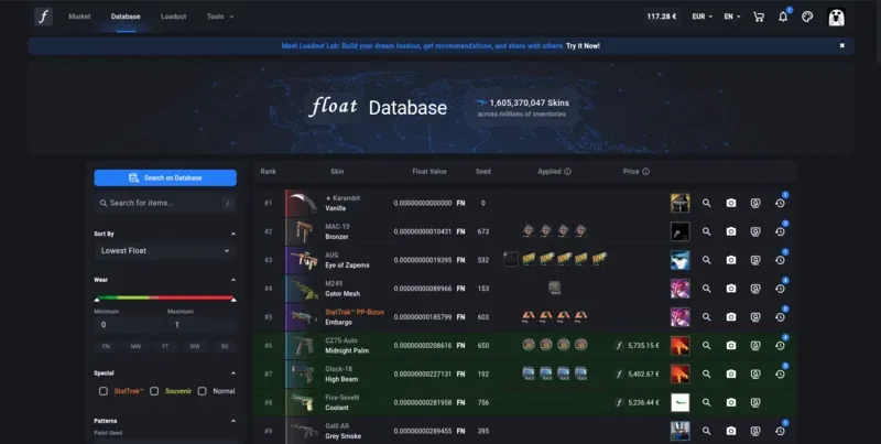CSFloat FloatDB interface showing 1.6 billion indexed skins with float values, paint seeds, and search filters