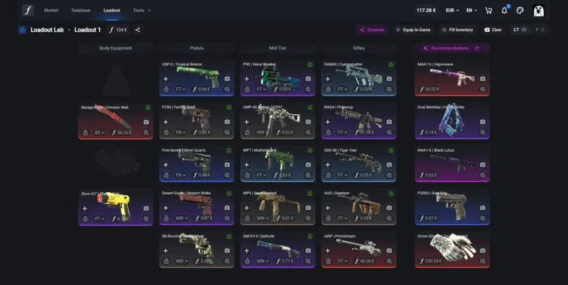 CSFloat Loadout Lab interface showing a custom CS2 loadout builder with skin recommendations for pistols, rifles, and equipment