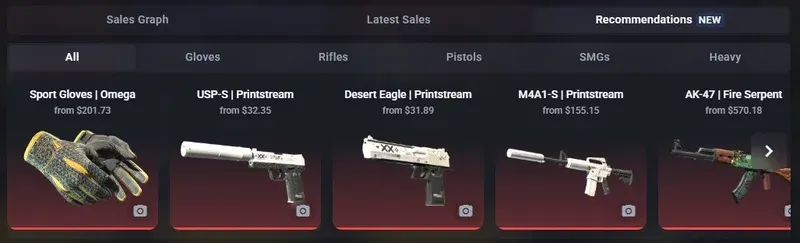 CSFloat Loadout Lab recommendations tab showing suggested gloves, pistols, and rifles with prices