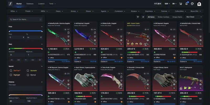 CSFloat marketplace with advanced filters showing float values, fade percentage, and pattern options for CS2 knives and gloves