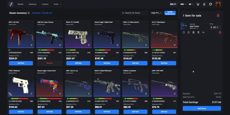 Selling a CS2 skin on CSFloat showing the 2 percent sale fee and total earnings after fees