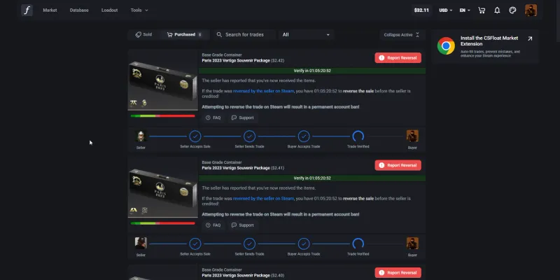 CSFloat purchased trades screen warning that reversing a Steam trade results in a permanent account ban
