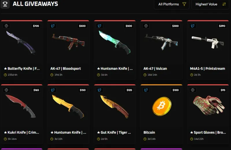 CSLoot giveaway aggregator listing many free-entry CS2 skin giveaways sorted by value