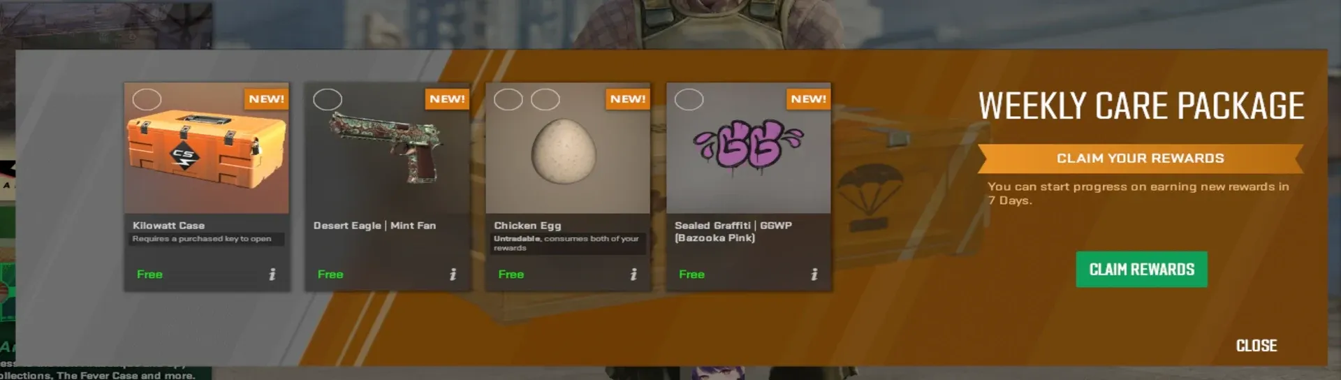 CS2 Weekly Care Package screen offering a Kilowatt Case, a Desert Eagle Mint Fan, a Chicken Egg marked untradable that consumes both rewards, and a Sealed Graffiti