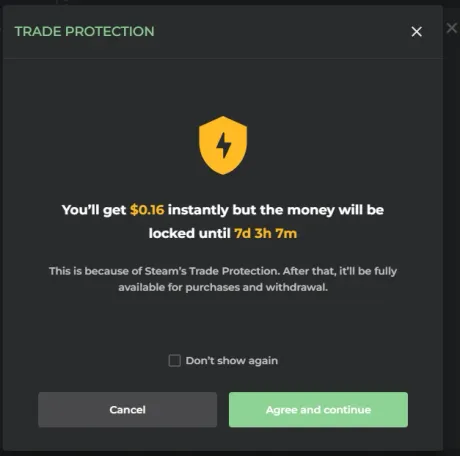 DMarket Trade Protection popup locking instant-sell money for 7 days under Steam trade protection