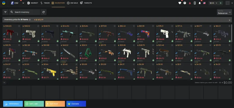 A full CS2 inventory listed for sale on DMarket showing 81 items