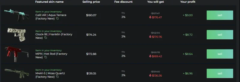 DMarket sell table showing a 2 percent fee discount and marked-down payout prices on CS2 skins