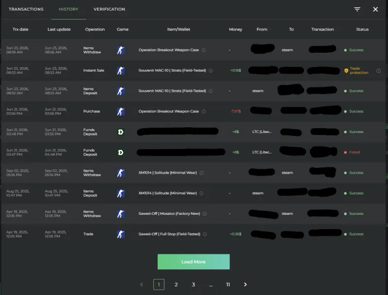 DMarket CS2 transaction history showing successful deposits, a case purchase, and an instant sale