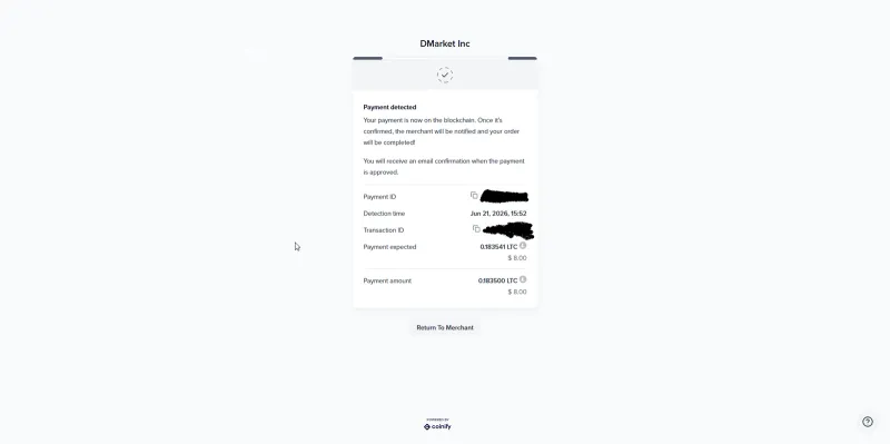 DMarket deposit confirmation for an 8 dollar Litecoin payment through Coinify