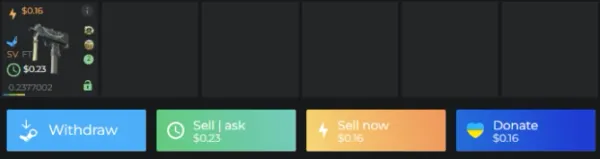 DMarket sell options for a MAC-10 Stalker showing list price 0.23 versus instant sell 0.16