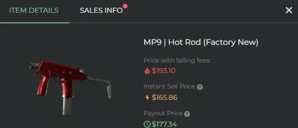 DMarket item details for an MP9 Hot Rod Factory New showing instant sell and payout prices