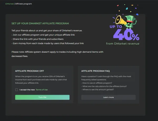 DMarket affiliate program setup page advertising up to 40 percent revenue share with a standard 20 percent per referral