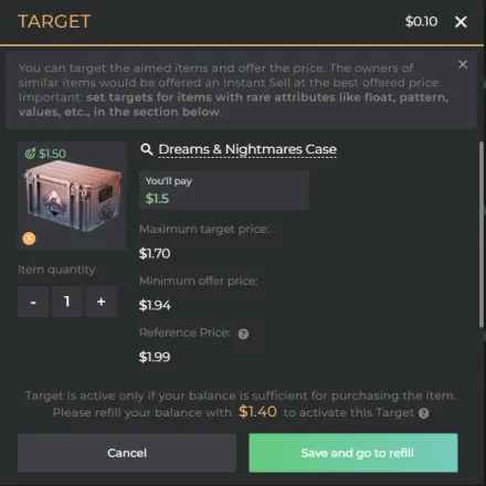 DMarket Target order modal placing a buy order below market price on a Dreams and Nightmares Case