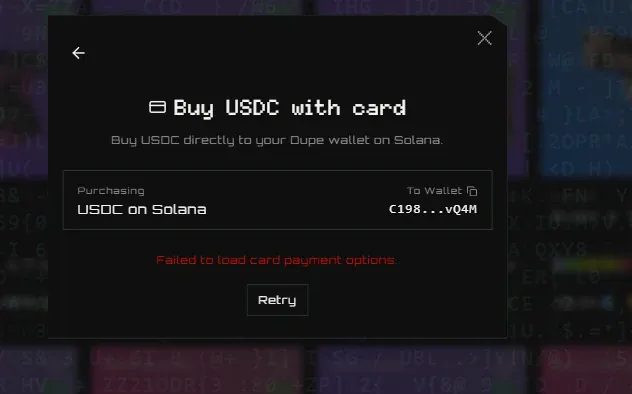 Dupe.fi buy USDC with card screen showing a failed to load card payment options error