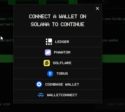 Dupe.fi wallet connection menu listing Ledger, Phantom, Solflare, Torus, Coinbase Wallet and WalletConnect