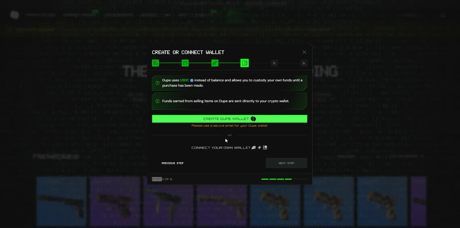 Dupe.fi screen explaining it uses USDC instead of a balance so you custody your own funds until a purchase