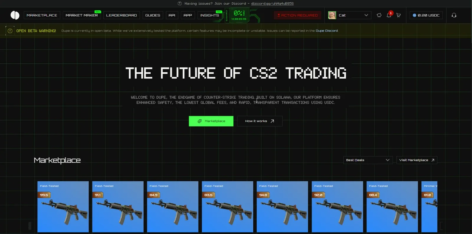 Dupe.fi homepage with the slogan The Future of CS2 Trading and a marketplace preview